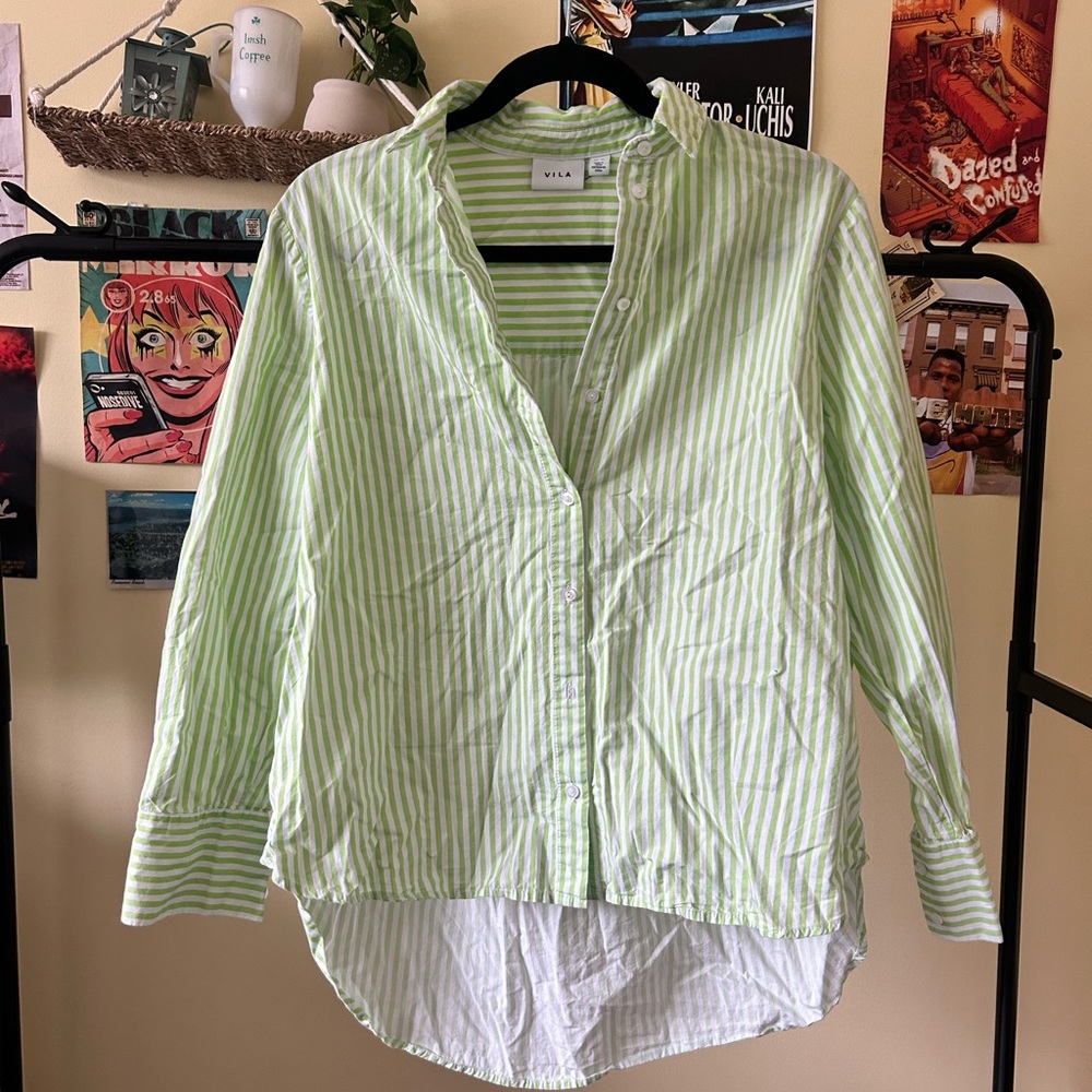 Green and white striped button down summer shirt